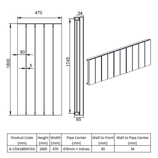 Reina Casina Single Vertical Aluminium Radiator 1800mm H x 470mm W Anthracite