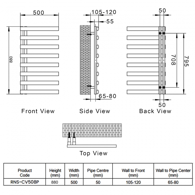 Reina Cavo Designer Heated Towel Rail 880mm H x 500mm W Polished Stainless Steel  | Dimension Image
