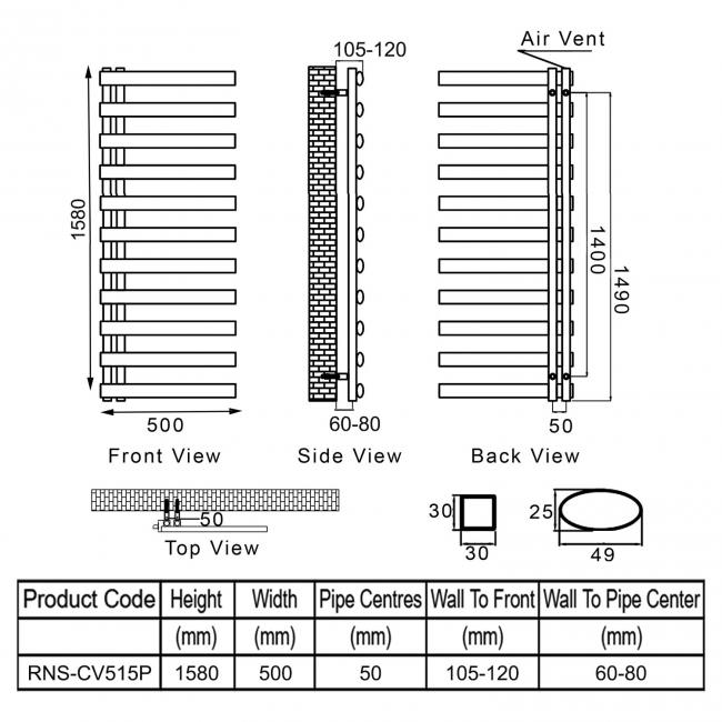 Reina Cavo Designer Heated Towel Rail 1580mm H x 500mm W Polished Stainless Steel
