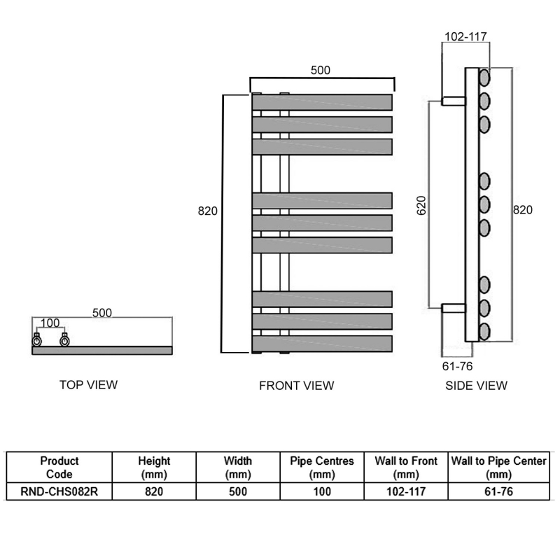 Reina Chisa Designer Heated Towel Rail 820mm H x 500mm W RAL  | Dimension Image