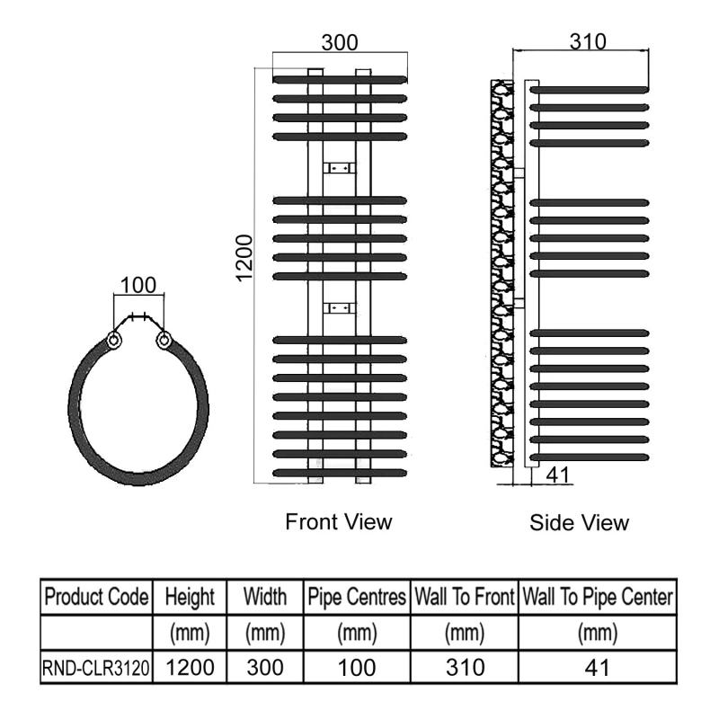 Reina Claro Designer Heated Towel Rail 1200mm H x 300mm W Chrome  | Dimension Image