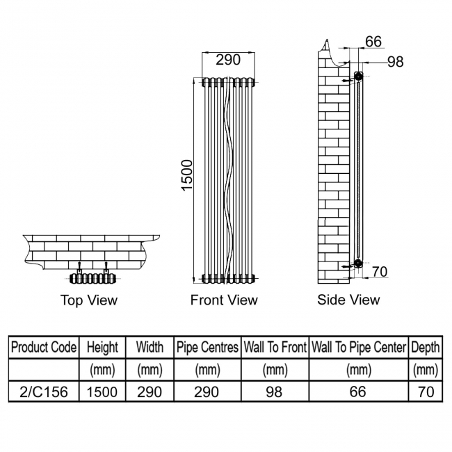 Reina Colona 2 Column Designer Radiator 1500mm H x 290mm W - White