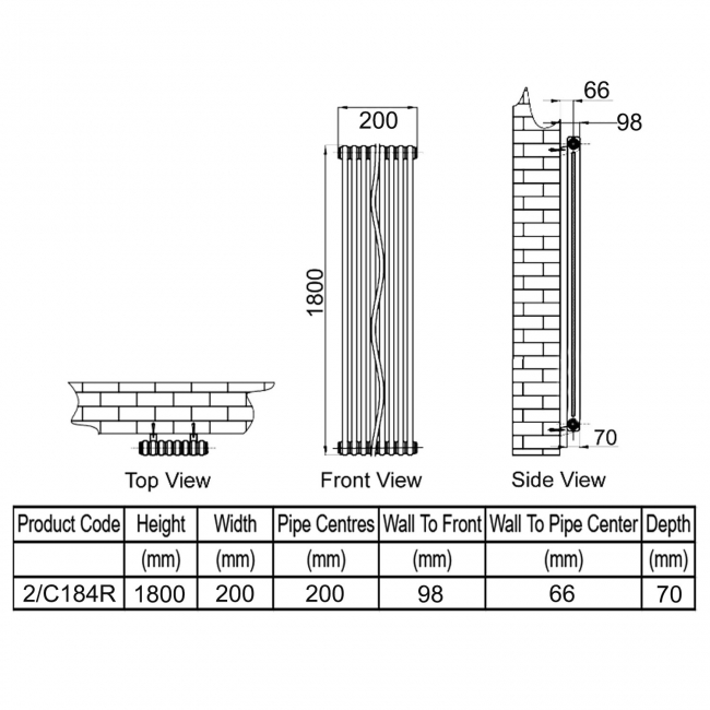 Reina Colona 2 Column Vertical Radiator 1800mm H x 200mm W - RAL