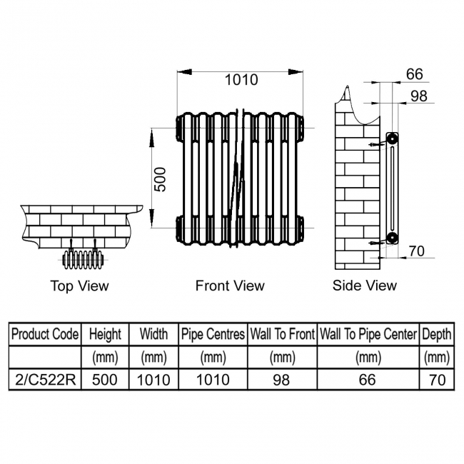 Reina Colona 2 Column Horizontal Radiator 500mm H x 1010mm W - RAL
