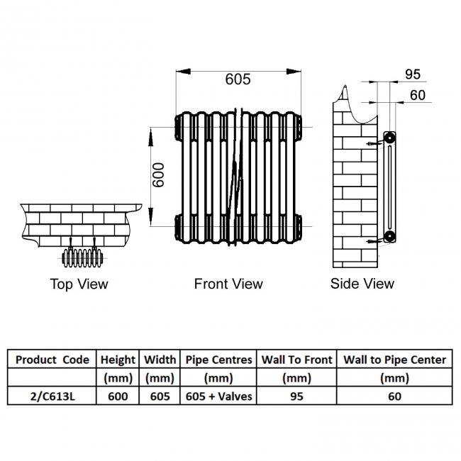 Reina Colona 2 Column Horizontal Radiator 600mm H x 605mm W - Lacquer  | Dimension Image
