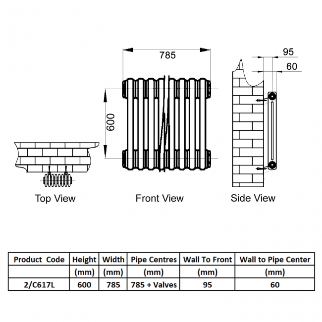 Reina Colona 2 Column Horizontal Radiator 600mm H x 785mm W - Lacquer  | Dimension Image