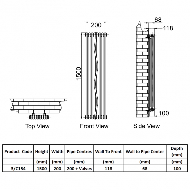 Reina Colona 3 Column Designer Radiator 1500mm H x 200mm W - White