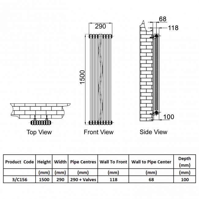 Reina Colona 3 Column Designer Radiator 1500mm H x 290mm W - White