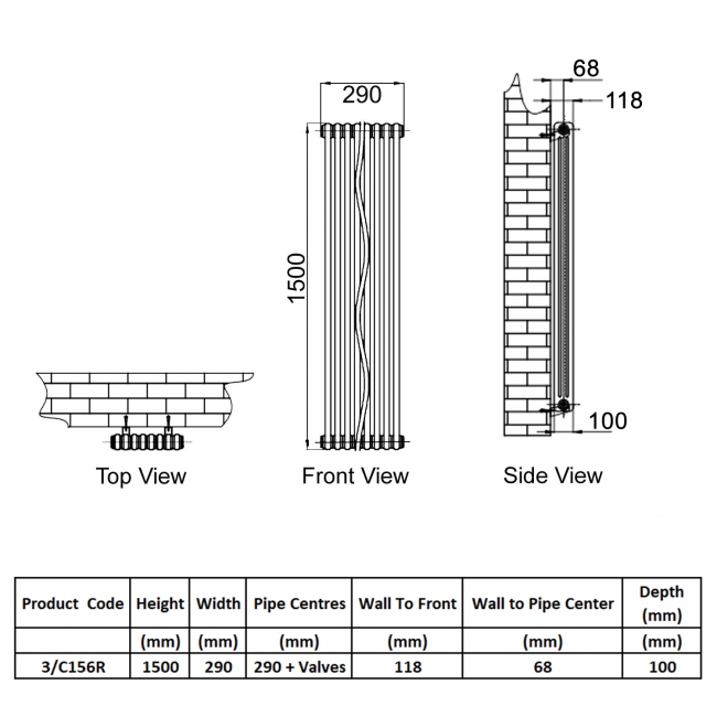 Reina Colona 3 Column Vertical Radiator 1500mm H x 290mm W - RAL