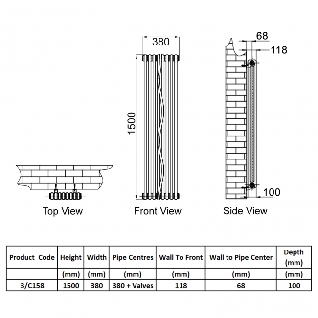 Reina Colona 3 Column Designer Radiator 1500mm H x 380mm W - White