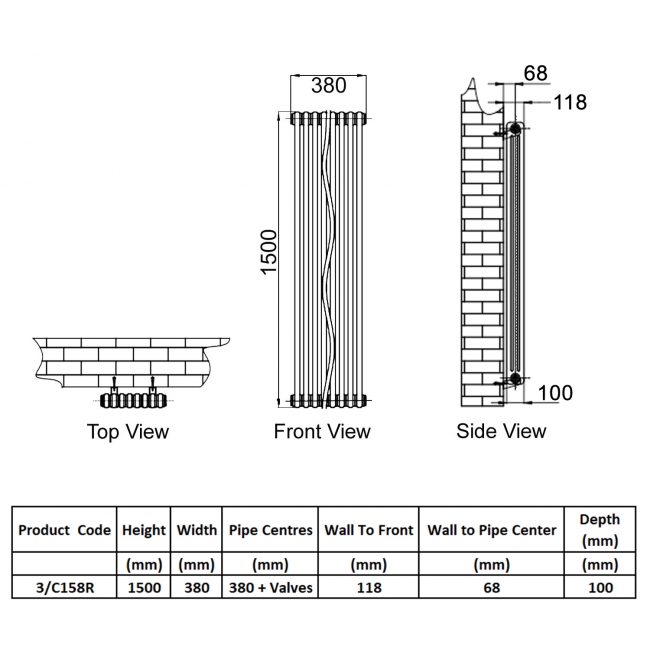 Reina Colona 3 Column Vertical Radiator 1500mm H x 380mm W - RAL