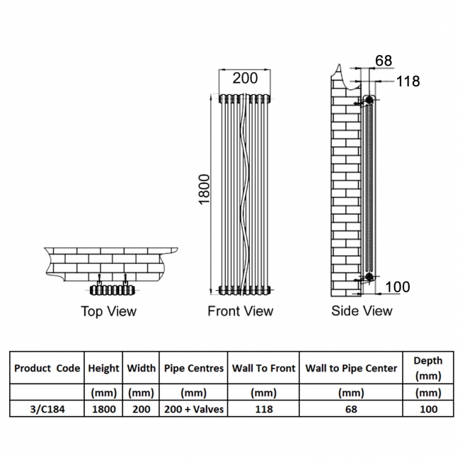 Reina Colona 3 Column Vertical Radiator 1800mm H x 200mm W - White