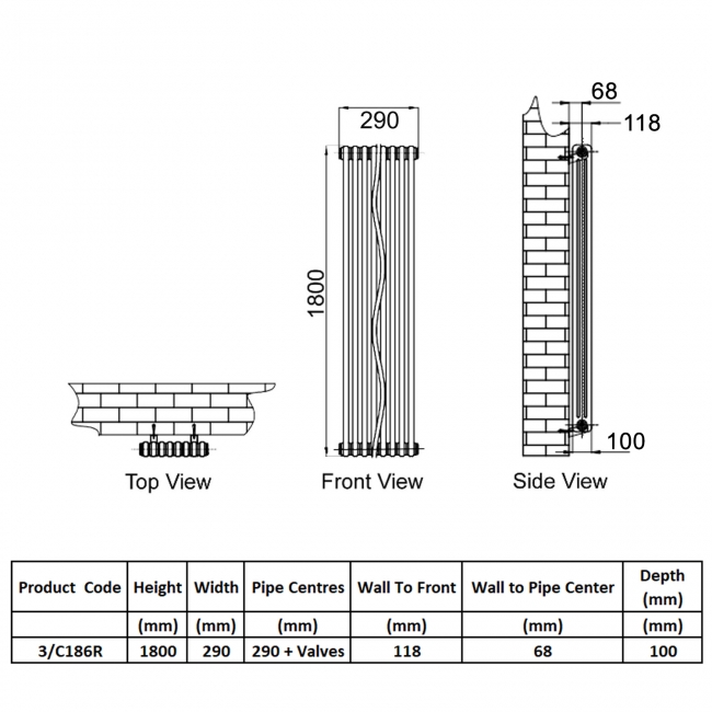 Reina Colona 3 Column Vertical Radiator 1800mm H x 290mm W - RAL