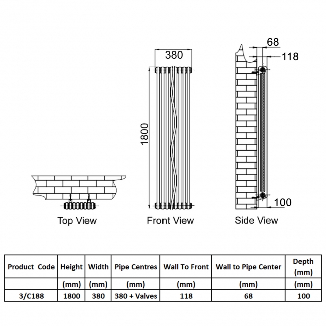 Reina Colona 3 Column Vertical Radiator 1800mm H x 380mm W - White