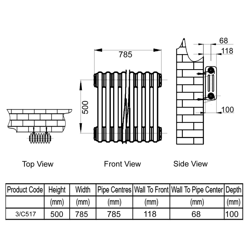 Reina Colona 3 Column Horizontal Radiator 500mm H x 785mm W - White