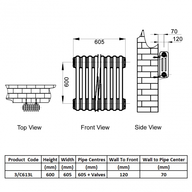 Reina Colona 3 Column Horizontal Radiator 600mm H x 605mm W - Lacquer  | Dimension Image