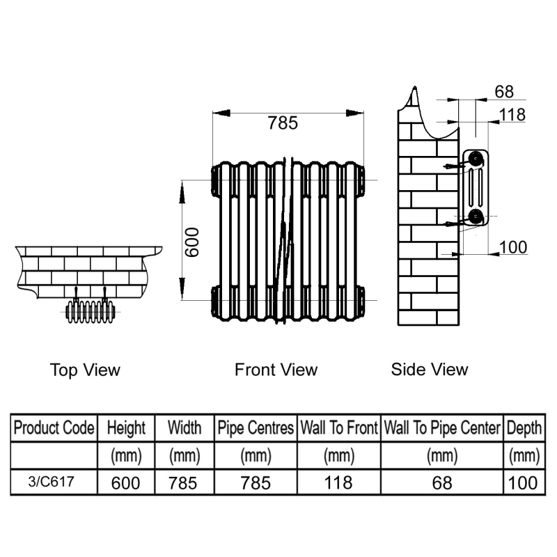 Reina Colona 3 Column Horizontal Radiator 600mm H x 785mm W - White