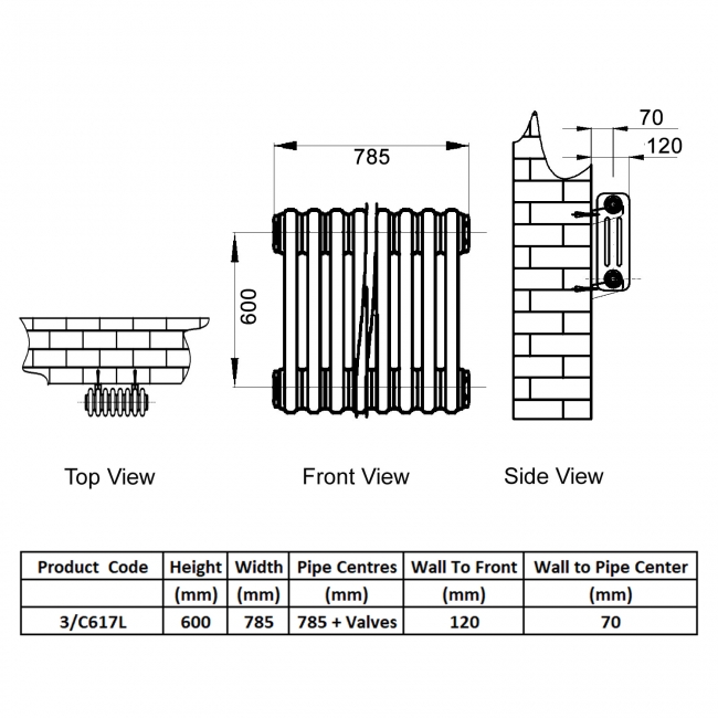 Reina Colona 3 Column Horizontal Radiator 600mm H x 785mm W - Lacquer  | Dimension Image