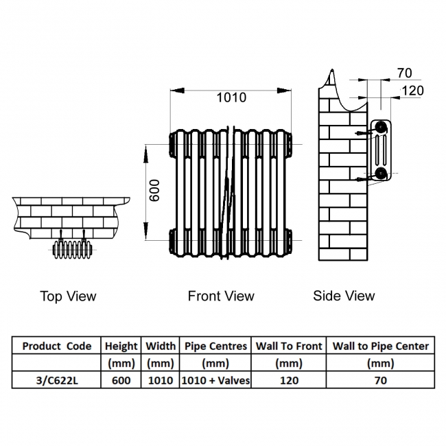 Reina Colona 3 Column Horizontal Radiator 600mm H x 1010mm W - Lacquer  | Dimension Image