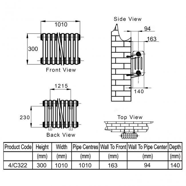 Reina Colona 4 Column Horizontal Radiator 300mm H x 1010mm W - White