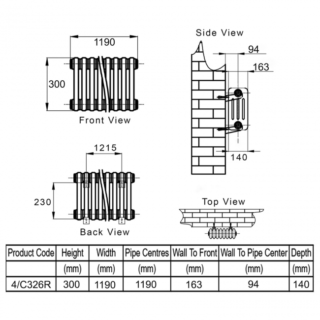 Reina Colona 4 Column Horizontal Radiator 300mm H x 1190mm W - RAL