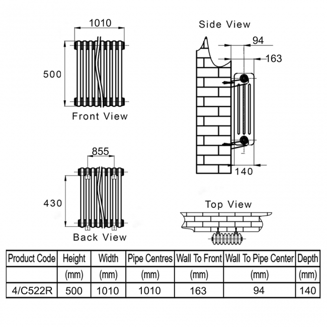 Reina Colona 4 Column Horizontal Radiator 500mm H x 1010mm W - RAL