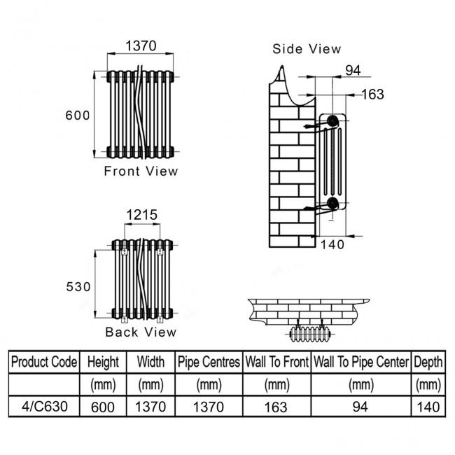 Reina Colona 4 Column Horizontal Radiator 600mm H x 1370mm W - White