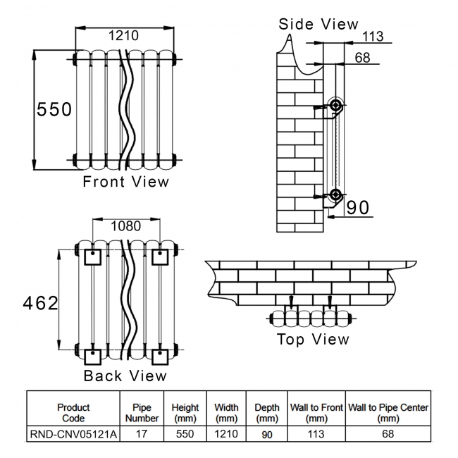 Reina Coneva Horizontal Designer Radiator 550mm H x 1210mm W Anthracite