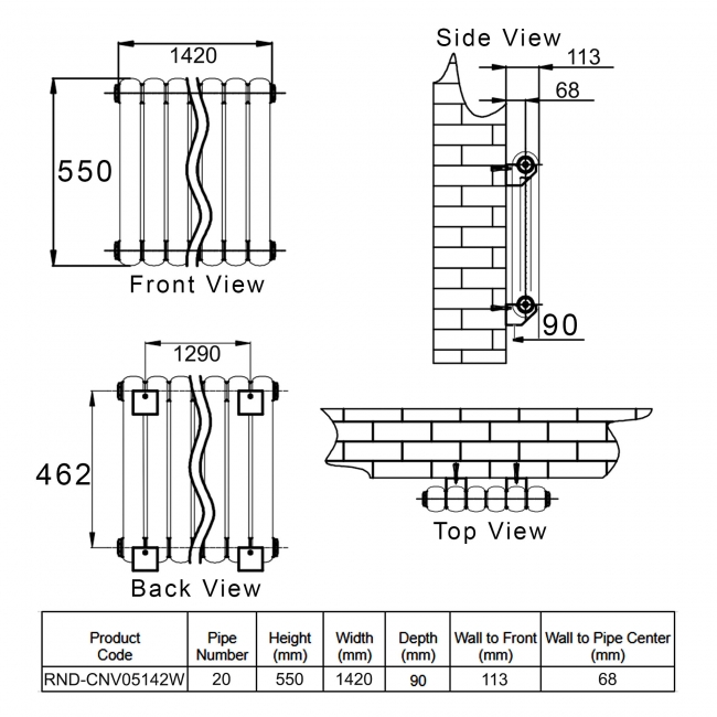 Reina Coneva Designer Horizontal Radiator 550mm H x 1420mm W White
