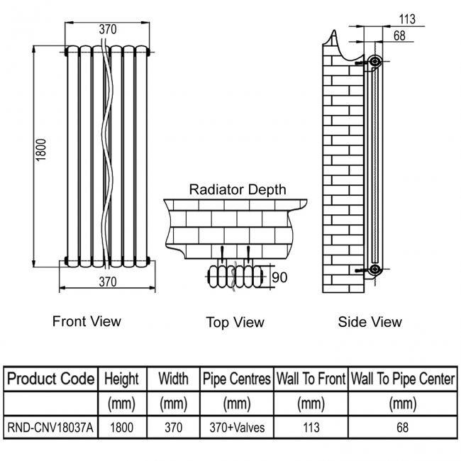 Reina Coneva Vertical Designer Radiator 1800mm H x 370mm W Anthracite