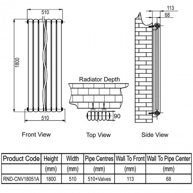 Reina Coneva Designer Vertical Radiator 1800mm H x 510mm W Anthracite