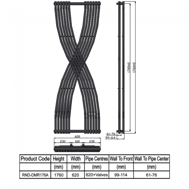 Reina Dimaro Designer Vertical Radiator 1760mm H x 620mm W Anthracite