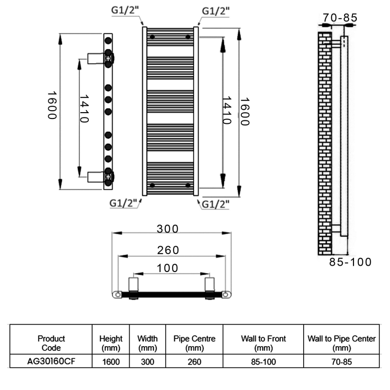 Reina Diva Straight Heated Towel Rail 1600mm H x 300mm W Chrome