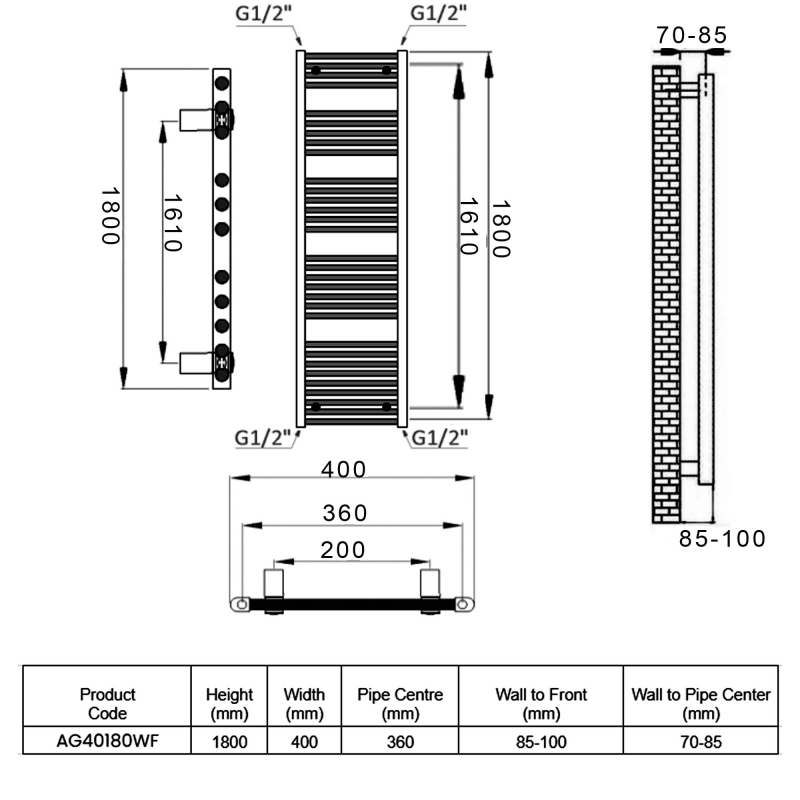 Reina Diva Straight Heated Towel Rail 1800mm H x 400mm W White