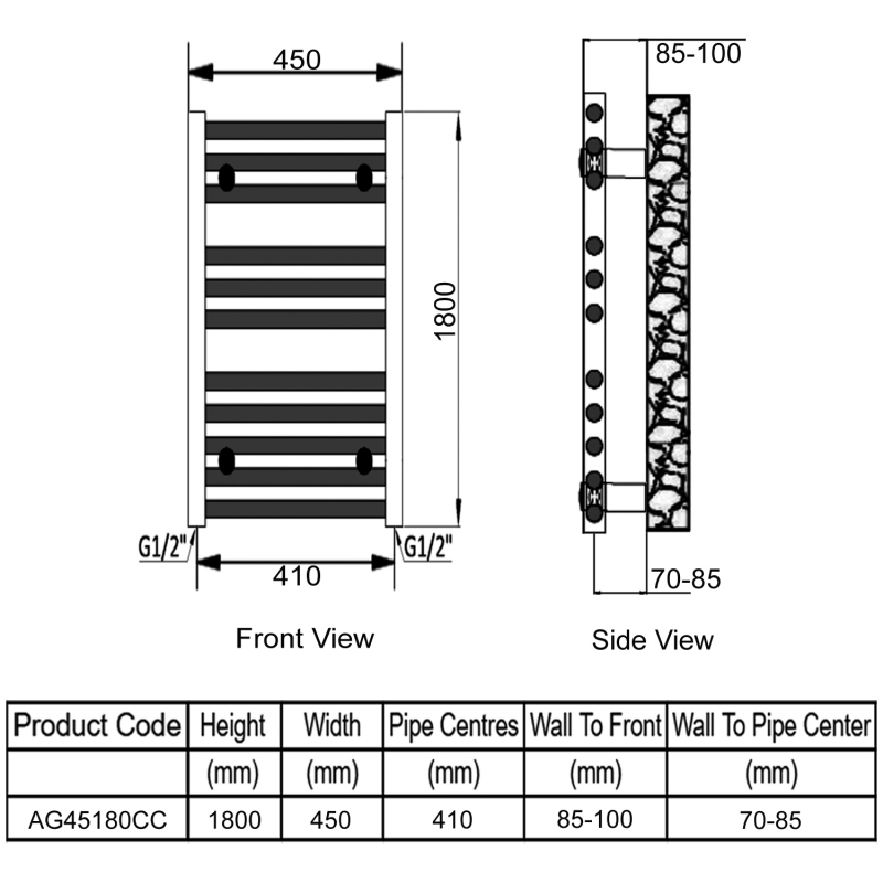 Reina Diva Curved Heated Towel Rail 1800mm H x 450mm W Chrome