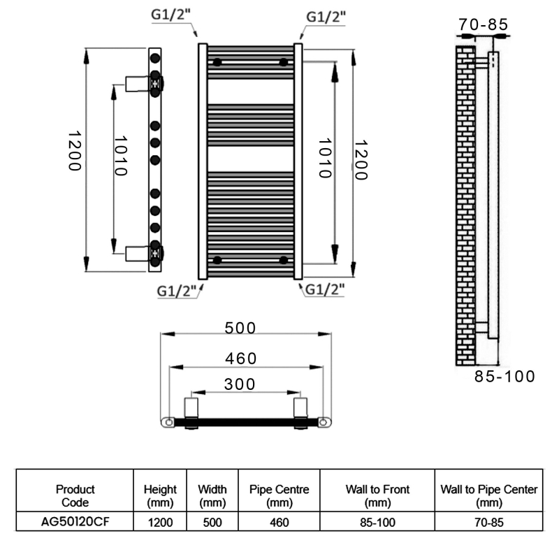 Reina Diva Straight Heated Towel Rail 1200mm H x 500mm W Chrome