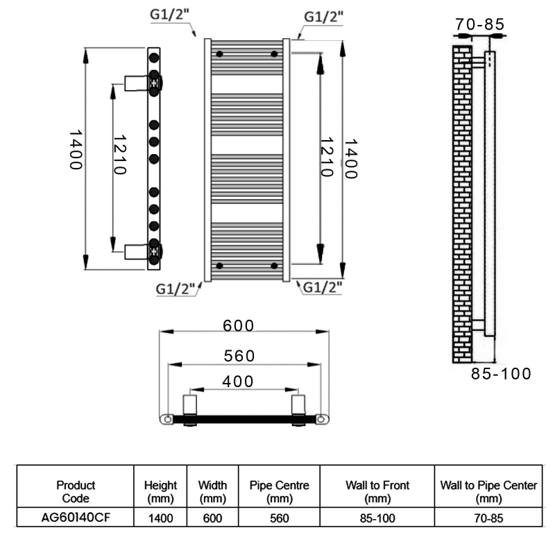 Reina Diva Flat Heated Towel Rail 1400mm H x 600mm W Chrome