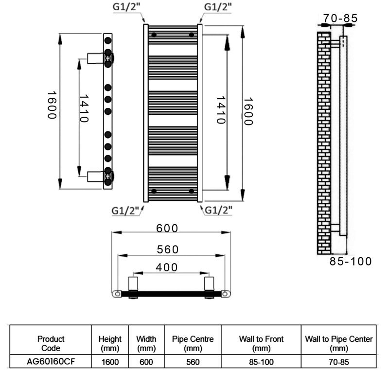 Reina Diva Straight Heated Towel Rail 1600mm H x 600mm W Chrome