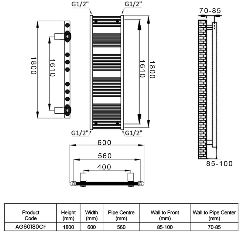 Reina Diva Straight Heated Towel Rail 1800mm H x 600mm W Chrome
