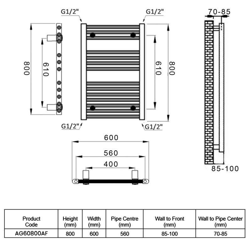 Reina Diva Flat Heated Towel Rail 800mm H x 600mm W Anthracite