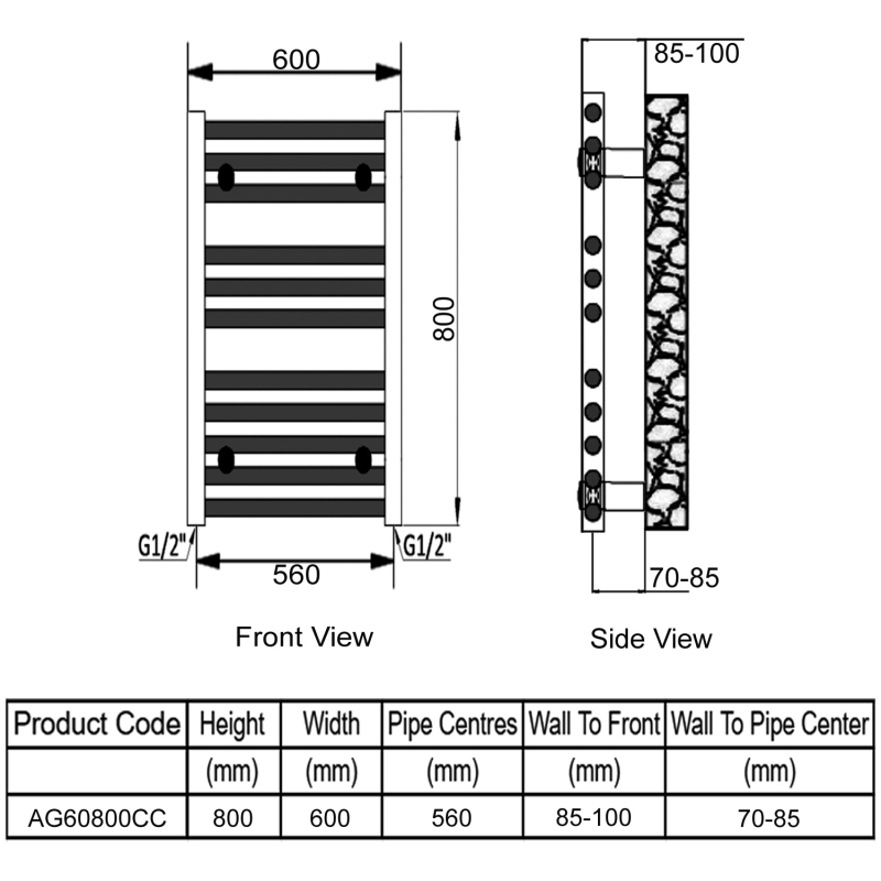 Reina Diva Curved Heated Towel Rail 800mm H x 600mm W Chrome