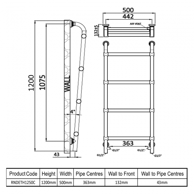 Reina Eltham Designer Heated Towel Rail 1200mm H x 500mm W - Chrome