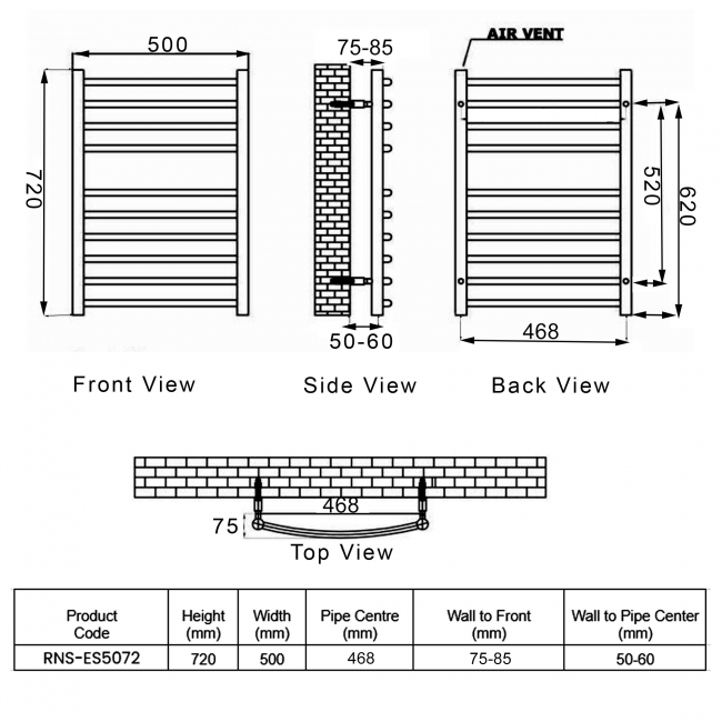 Reina Eos Curved Heated Towel Rail 720mm H x 500mm W Polished Stainless Steel