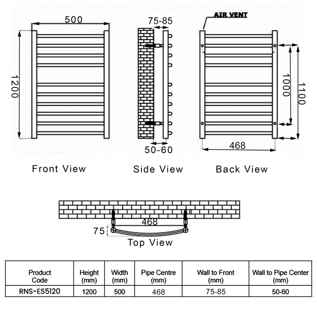 Reina Eos Curved Heated Towel Rail 1200mm H x 500mm W Polished Stainless Steel