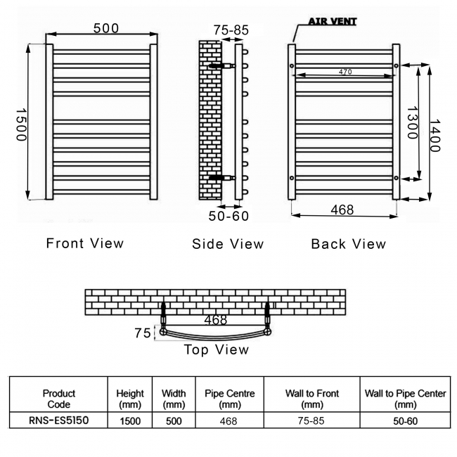 Reina Eos Curved Heated Towel Rail 1500mm H x 500mm W Polished Stainless Steel