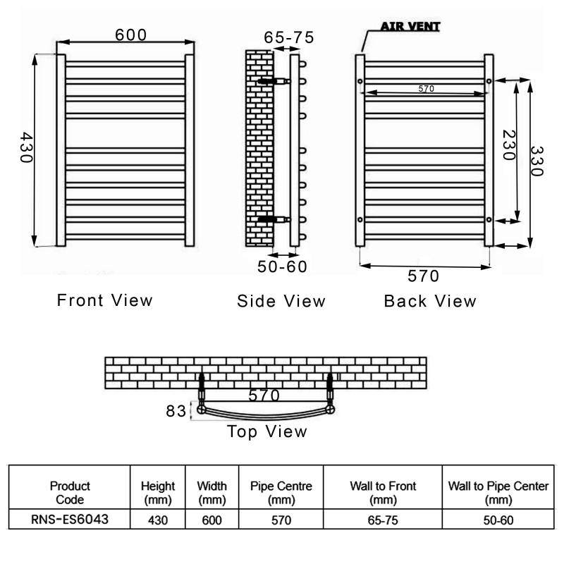 Reina Eos Curved Heated Towel Rail 430mm H x 600mm W Polished Stainless Steel