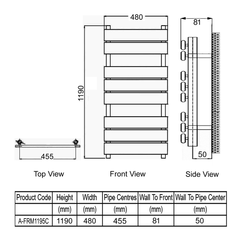 Reina Fermo Flat Panel Heated Towel Rail 1190mm H x 480mm W - Copper Satin  | Dimension Image