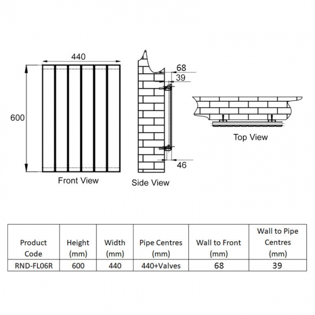 Reina Flat Single Designer Horizontal Radiator 600mm H x 440mm W RAL