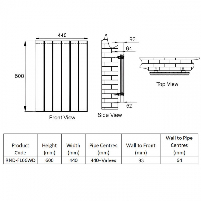 Reina Flat Double Designer Horizontal Radiator 600mm H x 440mm W White