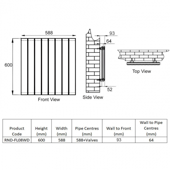 Reina Flat Double Designer Horizontal Radiator 600mm H x 588mm W White  | Dimension Image